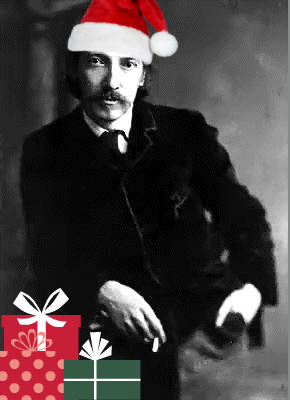 Robert Louise Stephenson with Presents and Santa Hat