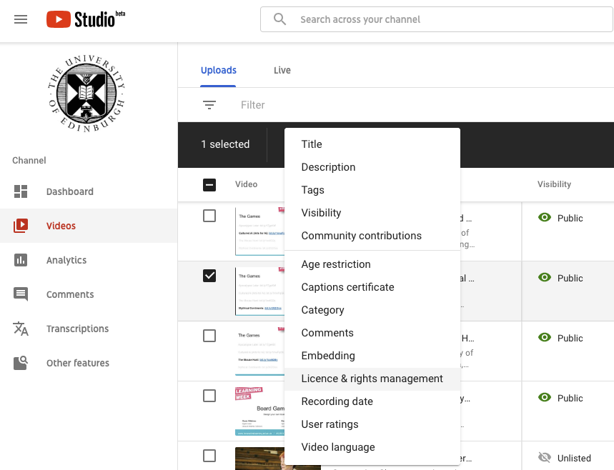 Screenshot of the 'Edit' drop-down menu with the 'Licence & rights management' option highlighted.