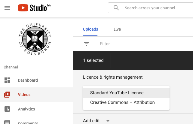Drop down menu showing the two options for Standard youTube Licence of Creative Commons - Attribution
