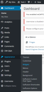 Screenshot shows the 'Appearance' menu option on the far left of the dashboard has been clicked, and the sub-menu option 'Widgets' has been selected and highlighted.