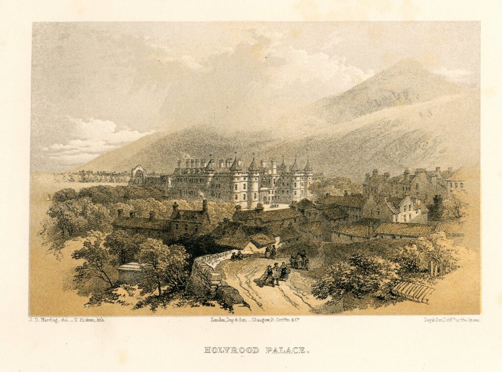 Lithograph of the Palace of Holyroodhouse and the Arthur's Seat