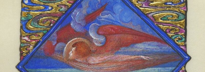painting of a red angel flying through blue clouds