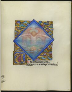 A reproduction of a medallion on vellum with gold illumination by Phoebe Anna Traquair