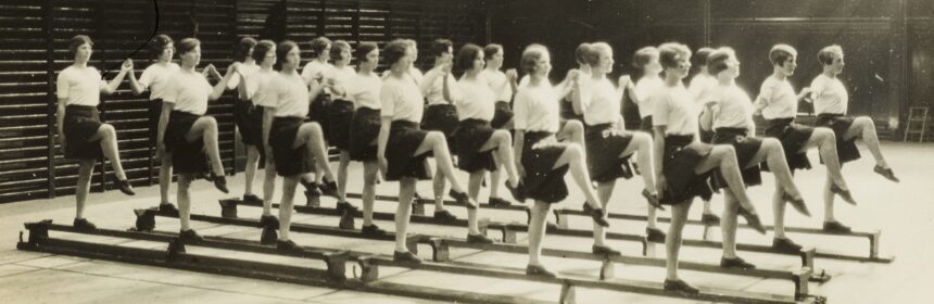 Photographs of the 1927-30 set performing exercises in the gymnasium