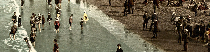 Painting of Portobello beach . Children wading in the water & adults watching by the shore.
