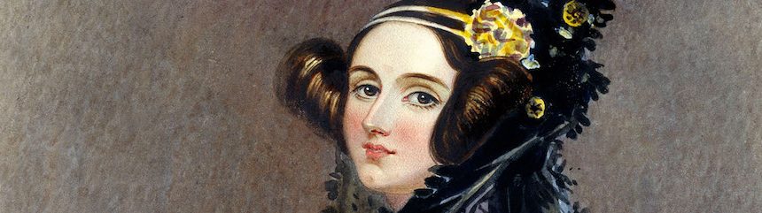 Grey background with the face of a white European woman with brunette hair in elegant buns either side of her face and yellow hair decorations of a noble woman.