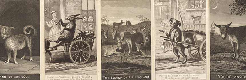 A series of five monochrome illustrated cards, featuring dogs and donkeys.