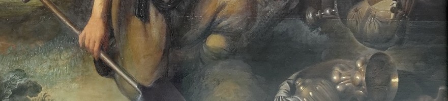 Section of painting showing a man kneeling with a shovel digging for treasure