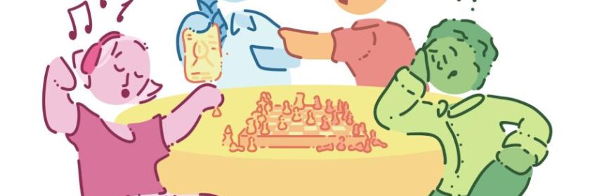 Colourful illustration of four young people talking and playing chess at a table.