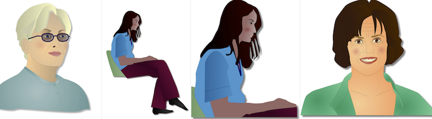 Four illustrations, the first of a white skinned woman with short blonde/white hair and dark glasses, the second of a mid-20s dark skinned woman with long black hair sitting on a chair, the third is a close-up of the second image, the fourth is a tanned woman with short brunette hair.