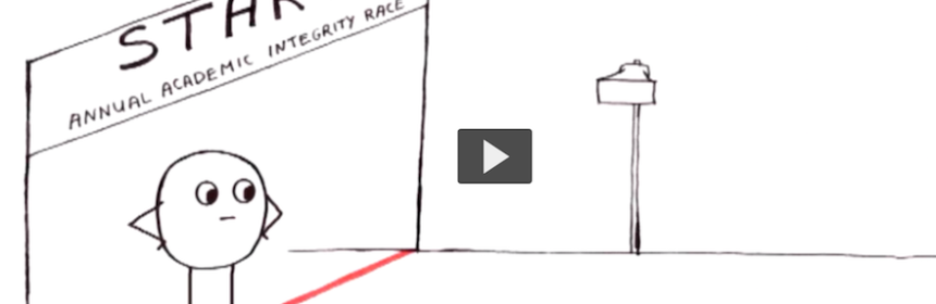 Stick figure at the start of an academic 'running race'