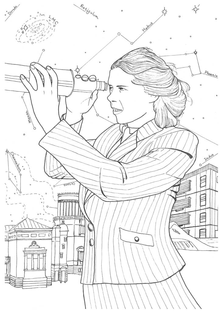 A line drawing of Mary Brück with a backdrop of constellations, the Royal Observatory of Edinburgh and Mary Brück Building.