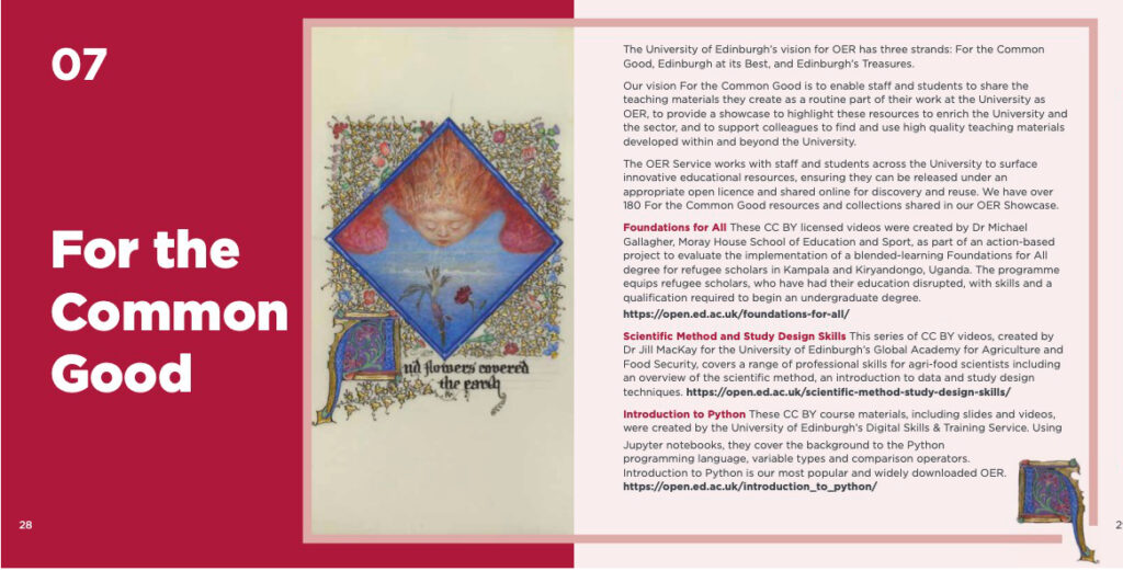 Brochure pages, For the Common Good, white and grey text on red and pink background with image of cherub and flowers