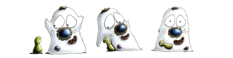 Ilustration of three ghost shaped microscopy characters