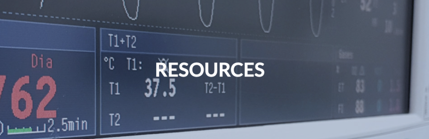 Medical equipment screen with floating text: Resources