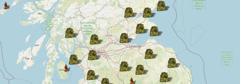 map of Scotland with Witch icons on different locations