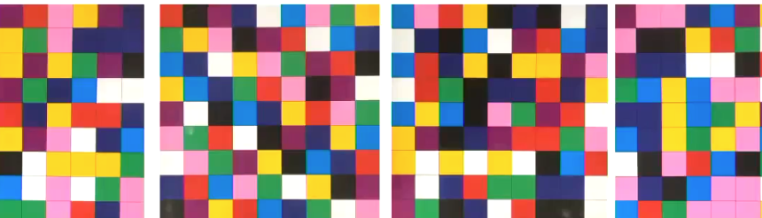 Randomised squares of colours in four blocks.
