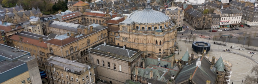 Drone footage of McEwan Hall Teviot tracking backwards