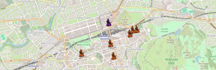 Detail of map of accused Scottish witches focused on Edinburgh.