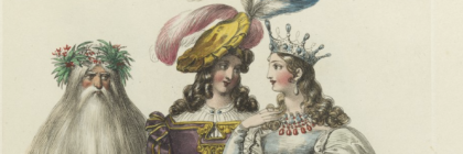 Three ball attendees. One is dressed in white with a long beard and berry crown grumpily staring at the other two dressed as royalty gazing into each others eyes.