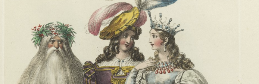 Three ball attendees. One is dressed in white with a long beard and berry crown grumpily staring at the other two dressed as royalty gazing into each others eyes.