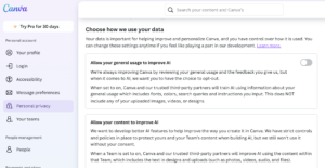 Canva Privacy settings