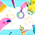 Illustration of red panda looking with a magnifying glass at archival tools.