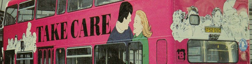 Pink double decker bus with 'Take Care AIDS concerns us all' written on the side