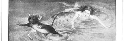 Illustrations of Alice swimming and a mouse leaping out of water. Alice's Adventures in Wonderland