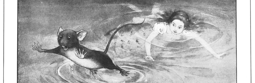 Illustrations of Alice swimming and a mouse leaping out of water. Alice's Adventures in Wonderland