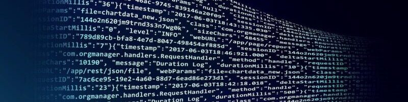 Image of white data on blue background, receding into distance