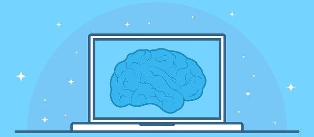 Cartoon image of laptop screen of a blue brain