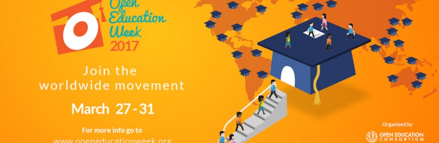 Image of multi-coloured figures walking up steps into a graduation cap, more people are walking on the top of the cap. A map of the world is behind it with more caps on sites of major world cities. Text reads: Open Education Week 2017, Join the worldwide movement March 27-31