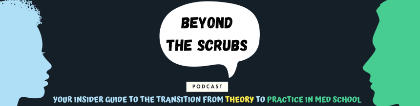 silhouettes of two heads with a speech bubble that says beyond the scrubs