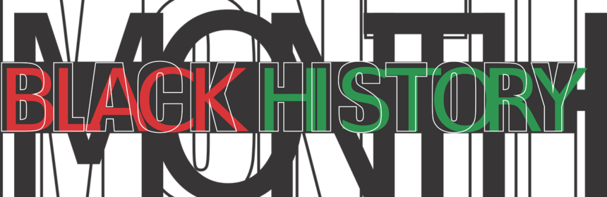Black History Month text in black, red and green on a white background.