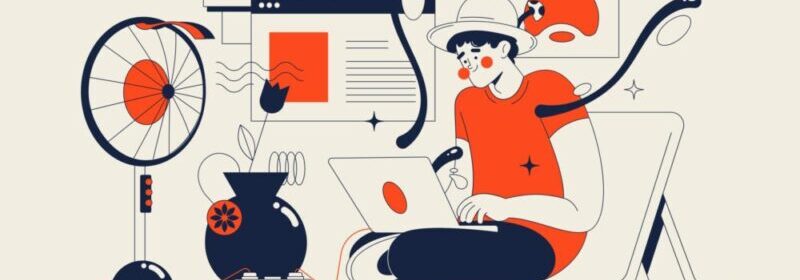 illustration of Person working on laptop surrounded by abstract shapes.