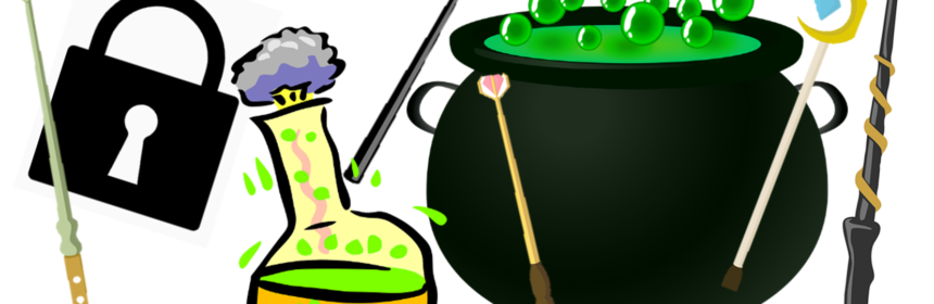 Illustrations of a chemical reaction inside a beaker, a bubbling cauldron, some magic wands and a padlock