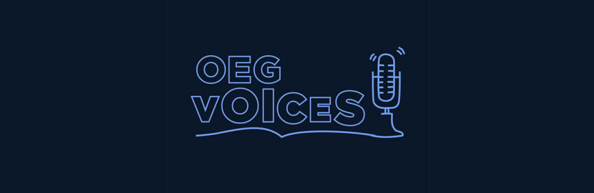 OEG Voices logo, blue on navy background