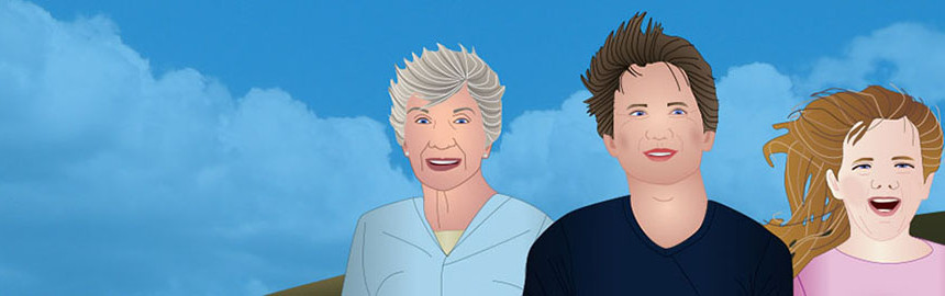 Illustration of a grey haired woman, Brunette man, and blonde girl.