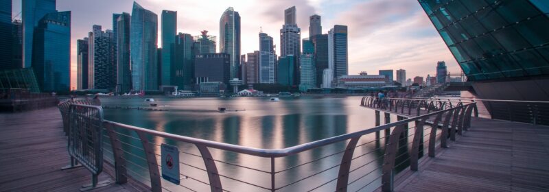 Brown wooden docks overlooking water to a city