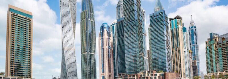 Tall shiny skyscraper buildings of Dubai