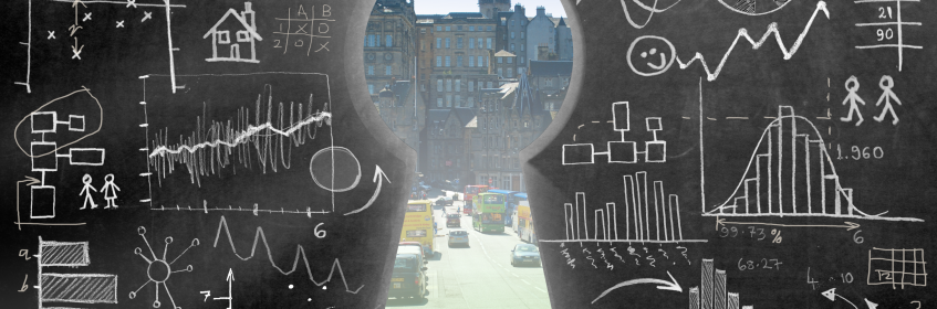 Waverley Bridge pictured through blackboard keyhole