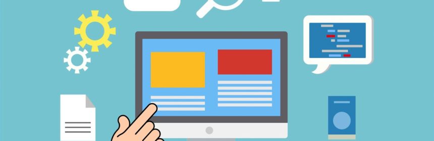 illustration of a laptop screen, tablet screen, and cog wheels.
