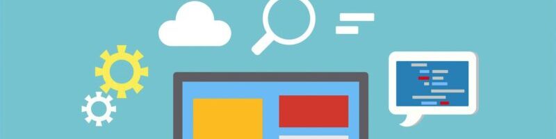 illustration of a laptop screen, tablet screen, and cog wheels.